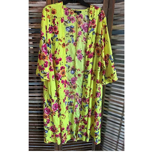 Torrid Neon Floral Yellow Duster Open Kimono Top 1/2 1X 2X Beachy - Picture 1 of 7